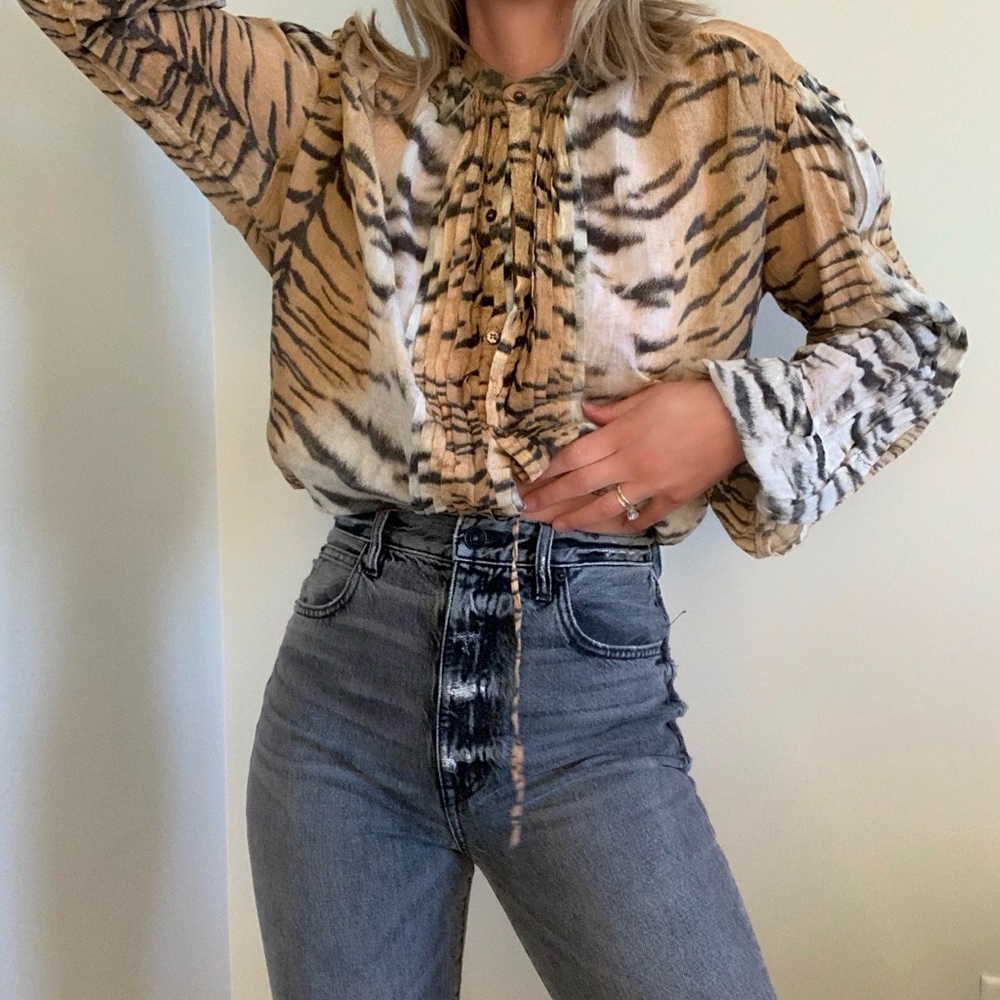 Roberto Cavalli Tiger Print Button Down Shirt - Tan and Black